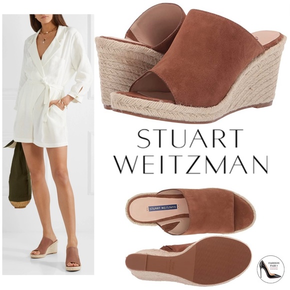 STUART WEITZMAN Marabella Basket Brown Suede Espadrille Wedges Mules Sandals 9 - Picture 1 of 8